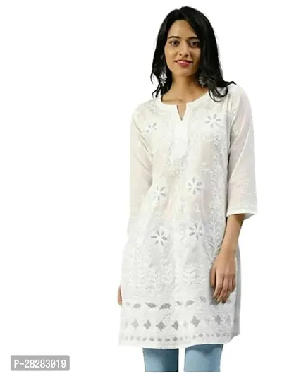 Stylish White Cotton Self Pattern Kurta For Women-thumb0