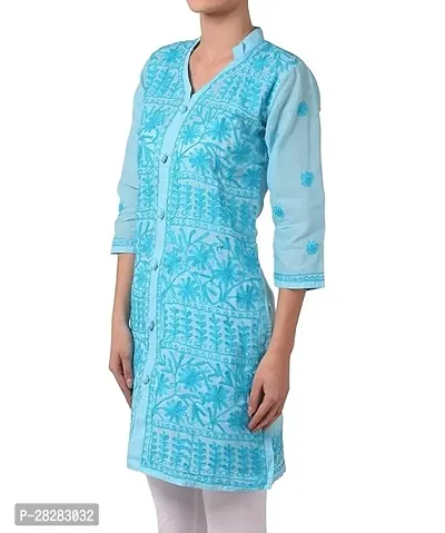Stylish Blue Cotton Embroidered Kurta For Women-thumb0
