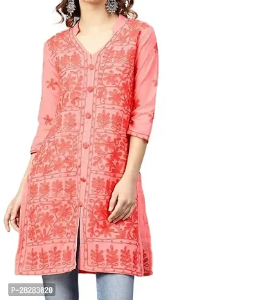 Stylish Peach Cotton Embroidered Kurta For Women-thumb0