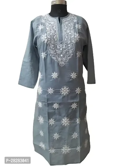 Stylish Grey Cotton Embroidered Kurta For Women