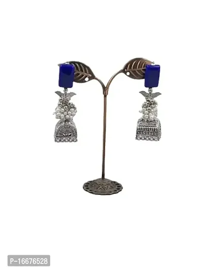 BHAYANI STORE Silver Oxidised Earrings For Women  Girls | Square Jhumke With Dark Green Color Stone-thumb0