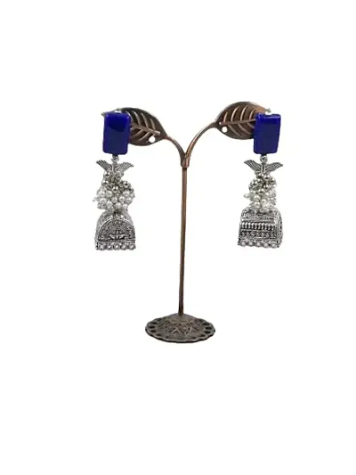 BHAYANI STORE Silver Oxidised Earrings For Women  Girls | Square Jhumke With Dark Green Color Stone