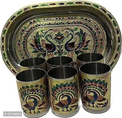 Multipurpose Decorative Stainless Steel Meenakari Peacock Design 6 Pcs Glass with Matching Serving Tray Set-thumb0