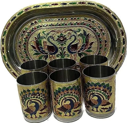 Multipurpose Decorative Stainless Steel Meenakari Peacock Design 6 Pcs Glass with Matching Serving Tray Set