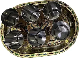 Multipurpose Decorative Stainless Steel Meenakari Peacock Design 6 Pcs Glass with Matching Serving Tray Set-thumb1