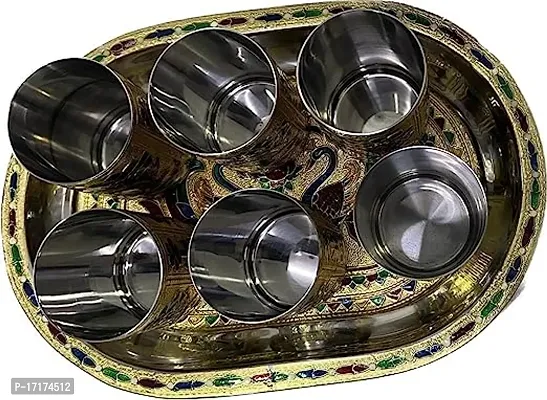 Multipurpose Decorative Stainless Steel Meenakari Peacock Design 6 Pcs Glass with Matching Serving Tray Set-thumb2
