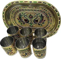 Multipurpose Decorative Stainless Steel Meenakari Peacock Design 6 Pcs Glass with Matching Serving Tray Set-thumb2