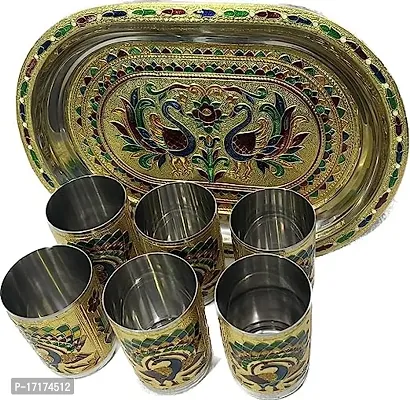 Multipurpose Decorative Stainless Steel Meenakari Peacock Design 6 Pcs Glass with Matching Serving Tray Set-thumb3