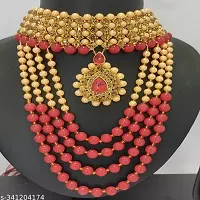 Gold Alloy Allure Elegant Rani Haar Double Necklace Set (Red)-thumb2