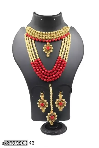 Gold Alloy Allure Elegant Rani Haar Double Necklace Set (Red)-thumb4