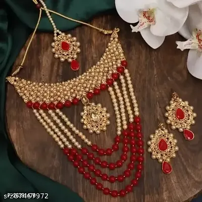 Gold Alloy Allure Elegant Rani Haar Double Necklace Set (Red)