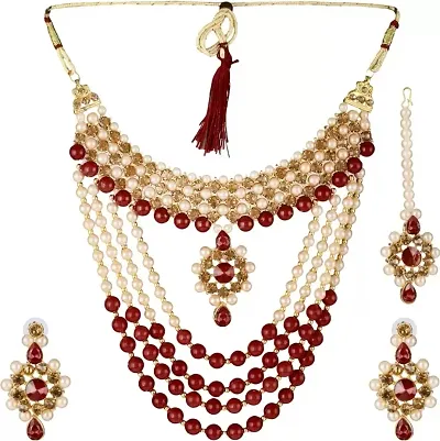 Women and Girls Necklaces Set with Maangtika for Plated Jewellery Set (Red)