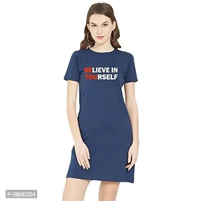 Stylish Navy Blue Cotton Blend Printed T-shirt Dress For Women-thumb0