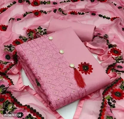 Elegant Pink Cotton Embroidered Dress Material with Dupatta For Women-thumb0