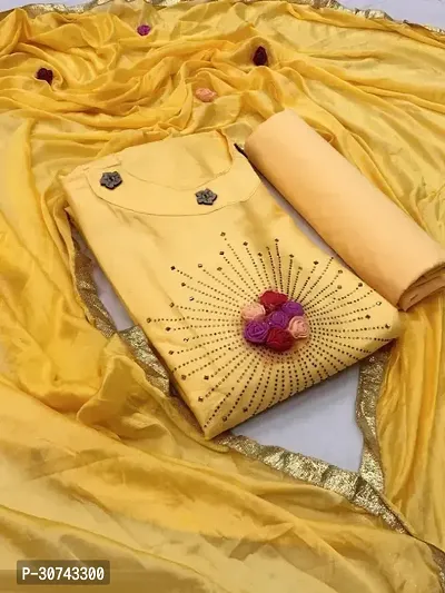 Elegant Yellow Cotton Embellished Dress Material with Dupatta For Women-thumb0