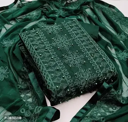 Elegant Green Cotton Embellished Dress Material with Dupatta For Women-thumb0