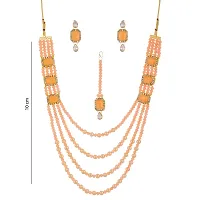 Shop4Dreams Gold Plated Traditional Four Line Mala Necklace Earring Jewellery Set with Maang Tikka for Women (Peach)-thumb3