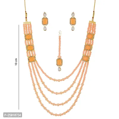 Shop4Dreams Gold Plated Traditional Four Line Mala Necklace Earring Jewellery Set with Maang Tikka for Women (Peach)-thumb4