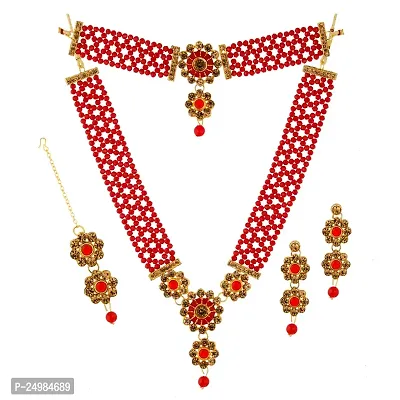 Shop4Dreams Gold Plated Traditional 4 Layers Kundan  Glass Pearl Beaded Moti Raani Haar Choker Necklace Jewellery Set with Maang Tikka for Women (Red)-thumb0