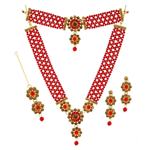 Shop4Dreams Gold Plated Traditional 4 Layers Kundan & Glass Pearl Beaded Moti Raani Haar Choker Necklace Jewellery Set with Maang Tikka for Women