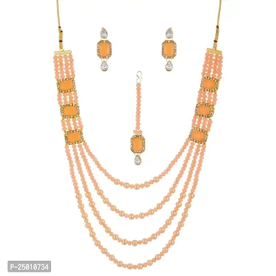 Shop4Dreams Gold Plated Traditional Four Line Mala Necklace Earring Jewellery Set with Maang Tikka for Women (Peach)-thumb0
