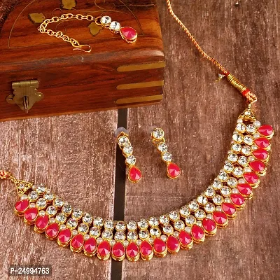 Shop4dreamsJewellery Set for Women CZ Diamond Combo of Necklace Set with Earrings, Maang Tikka for Girls and Women (Pink)-thumb3