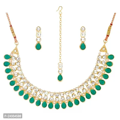 Shop4dreamsJewellery Set for Women CZ Diamond Combo of Necklace Set with Earrings, Maang Tikka for Girls and Women (Green)-thumb0