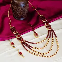 Shop4Dreams Gold Plated Traditional Four Line Mala Necklace Earring Jewellery Set with Maang Tikka for Women (Maroon)-thumb3