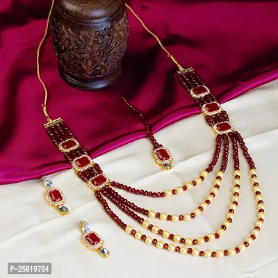 Shop4Dreams Gold Plated Traditional Four Line Mala Necklace Earring Jewellery Set with Maang Tikka for Women (Maroon)-thumb4