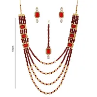 Shop4Dreams Gold Plated Traditional Four Line Mala Necklace Earring Jewellery Set with Maang Tikka for Women (Maroon)-thumb2