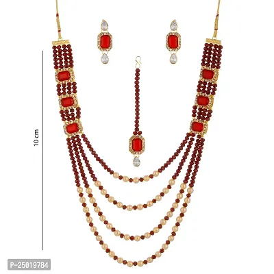 Shop4Dreams Gold Plated Traditional Four Line Mala Necklace Earring Jewellery Set with Maang Tikka for Women (Maroon)-thumb3