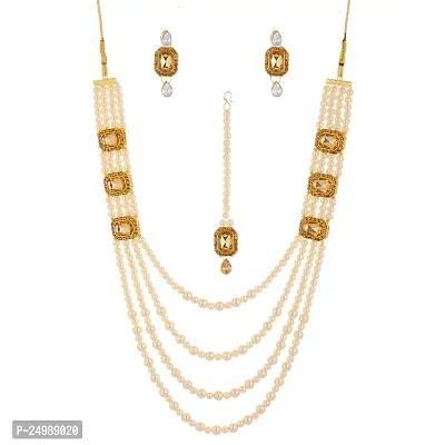 Shop4Dreams Gold Plated Traditional Four Line Mala Necklace Earring Jewellery Set with Maang Tikka for Women (CreamyGold)