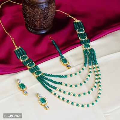 Shop4Dreams Gold Plated Traditional Four Line Mala Necklace Earring Jewellery Set for Women (DarkGreen)-thumb3