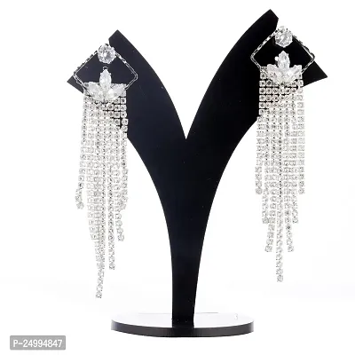CZ Diamond Studded Rhodium Plated Cubic Zirconia Alloy Drop  Dangler Earring for Women-thumb2
