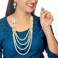 Shop4Dreams Gold Plated Traditional Four Line Mala Necklace Earring Jewellery Set with Maang Tikka for Women (White)-thumb1