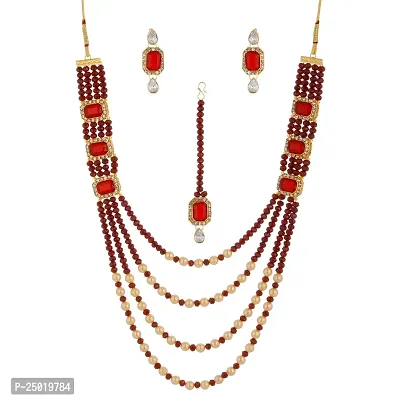Shop4Dreams Gold Plated Traditional Four Line Mala Necklace Earring Jewellery Set with Maang Tikka for Women (Maroon)-thumb0