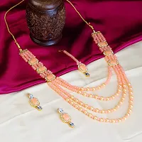 Shop4Dreams Gold Plated Traditional Four Line Mala Necklace Earring Jewellery Set with Maang Tikka for Women (Peach)-thumb2
