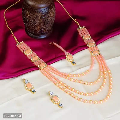 Shop4Dreams Gold Plated Traditional Four Line Mala Necklace Earring Jewellery Set with Maang Tikka for Women (Peach)-thumb3