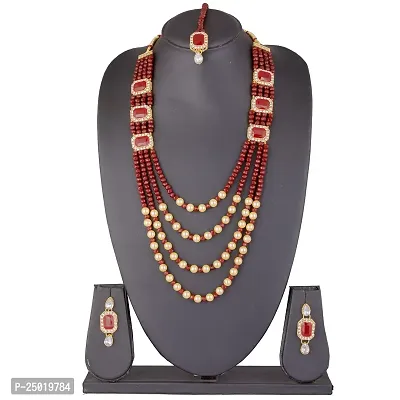 Shop4Dreams Gold Plated Traditional Four Line Mala Necklace Earring Jewellery Set with Maang Tikka for Women (Maroon)-thumb2