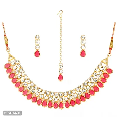 Shop4dreamsJewellery Set for Women CZ Diamond Combo of Necklace Set with Earrings, Maang Tikka for Girls and Women (Pink)-thumb0
