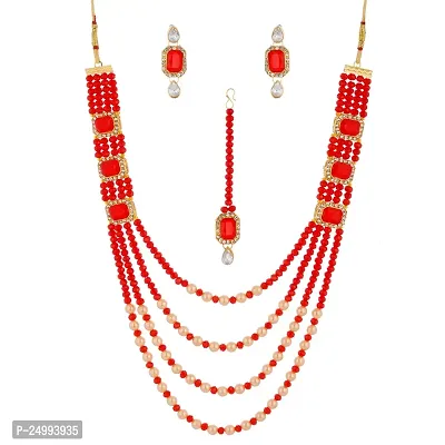Shop4Dreams Gold Plated Traditional Four Line Mala Necklace Earring Jewellery Set with Maang Tikka for Women (Red)