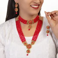 Shop4Dreams Gold Plated Traditional 4 Layers Kundan  Glass Pearl Beaded Moti Raani Haar Choker Necklace Jewellery Set with Maang Tikka for Women (Red)-thumb1