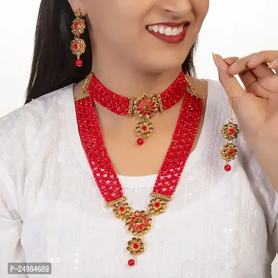 Shop4Dreams Gold Plated Traditional 4 Layers Kundan  Glass Pearl Beaded Moti Raani Haar Choker Necklace Jewellery Set with Maang Tikka for Women (Red)-thumb2
