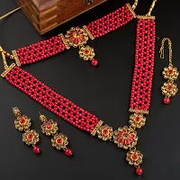 Shop4Dreams Gold Plated Traditional 4 Layers Kundan  Glass Pearl Beaded Moti Raani Haar Choker Necklace Jewellery Set with Maang Tikka for Women (Red)-thumb2