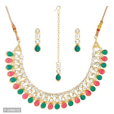 Shop4dreamsJewellery Set for Women CZ Diamond Combo of Necklace Set with Earrings, Maang Tikka for Girls and Women (Red Green)