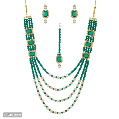 Shop4Dreams Gold Plated Traditional Four Line Mala Necklace Earring Jewellery Set for Women (DarkGreen)