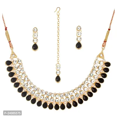 Shop4dreamsJewellery Set for Women CZ Diamond Combo of Necklace Set with Earrings, Maang Tikka for Girls and Women (Black)
