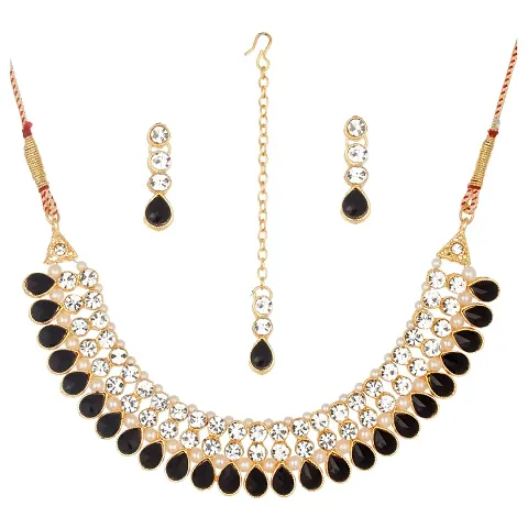 Shop4dreamsJewellery Set for Women CZ Diamond Combo of Necklace Set with Earrings, Maang Tikka for Girls and Women (Black)