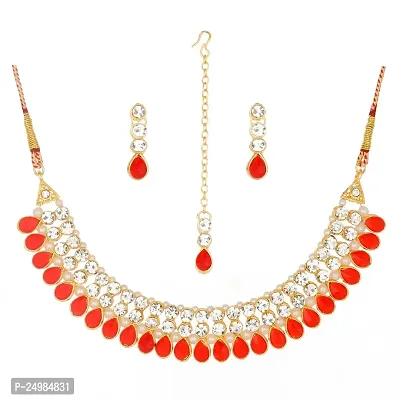 Shop4dreamsJewellery Set for Women CZ Diamond Combo of Necklace Set with Earrings, Maang Tikka for Girls and Women (Red)