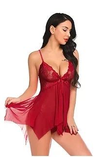 Nutty Bunny Shop4Dreams Women's Spaghetti Babydoll Lingerie with Panty Nighty/Sleepwear Set for Honeymoon/Special Nights (Maroon)-thumb2